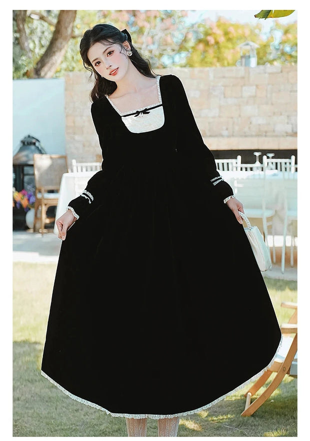 Lavinia Elegant Victorian Velvet Dress with Lace Accents, vintage dress, Vintage French dress, vintage dress, fairy, cottagecore dress, French dress, 1940s