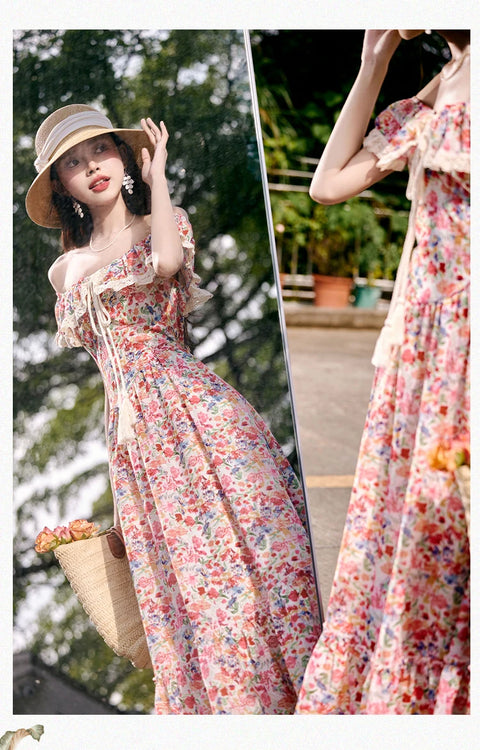 Edna Bohemian Style Beach Dress with Romantic Floral Print, vintage dress, Vintage French dress, vintage dress, fairy, cottagecore dress, French dress, 1940s