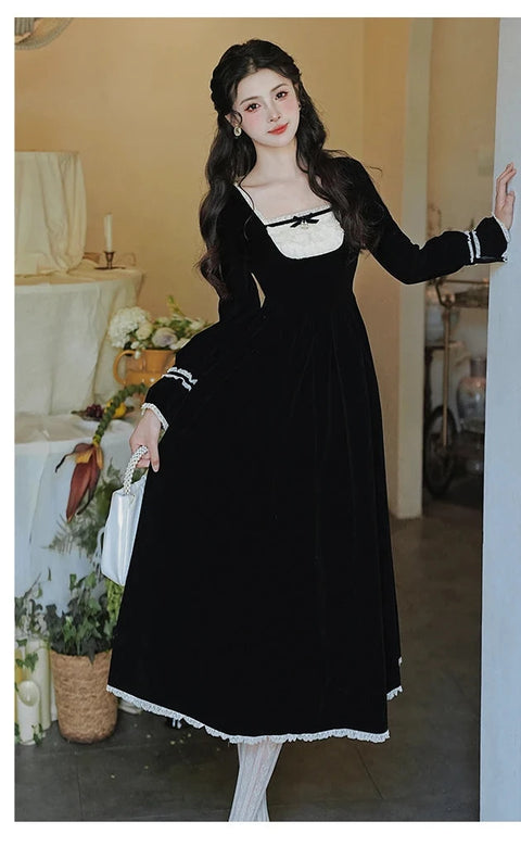 Lavinia Elegant Victorian Velvet Dress with Lace Accents, vintage dress, Vintage French dress, vintage dress, fairy, cottagecore dress, French dress, 1940s