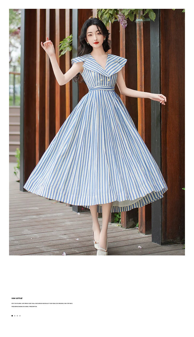 Eleanora Classic Blue Striped Princess Dress with Sailor Collar, vintage dress, Vintage French dress, vintage dress, fairy, cottagecore dress, French dress, 1940s