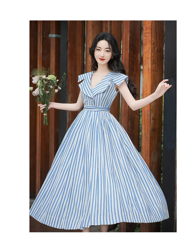 Eleanora Classic Blue Striped Princess Dress with Sailor Collar, vintage dress, Vintage French dress, vintage dress, fairy, cottagecore dress, French dress, 1940s