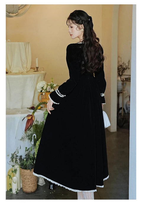 Lavinia Elegant Victorian Velvet Dress with Lace Accents, vintage dress, Vintage French dress, vintage dress, fairy, cottagecore dress, French dress, 1940s