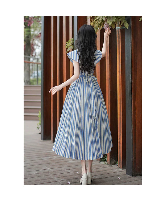 Eleanora Classic Blue Striped Princess Dress with Sailor Collar, vintage dress, Vintage French dress, vintage dress, fairy, cottagecore dress, French dress, 1940s