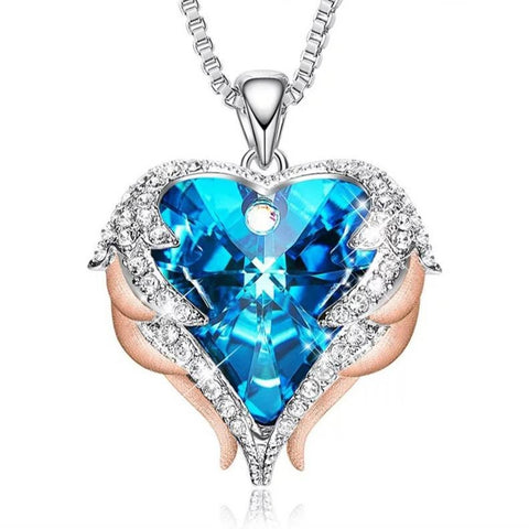 Angel Wings heart pendant, vintage necklace, art deco necklace, glamour, 1920s, sparkling necklace, swarovski crystal, silver, necklace