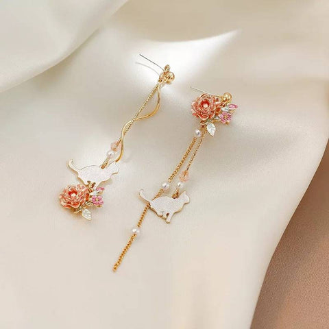 Vintage cat earrings with a rose, earrings, boho, bohemian, vintage earrings, art deco earrings, 1980s, cat earrings, flower